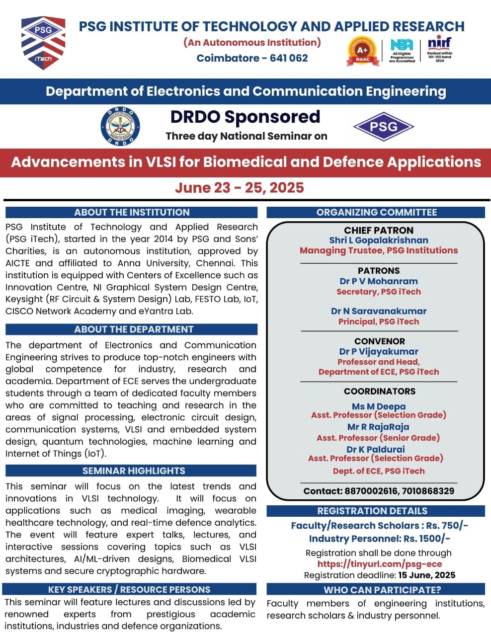 Three day National seminar on Advancements in VLSI for Biomedical and Defence Applications 2025